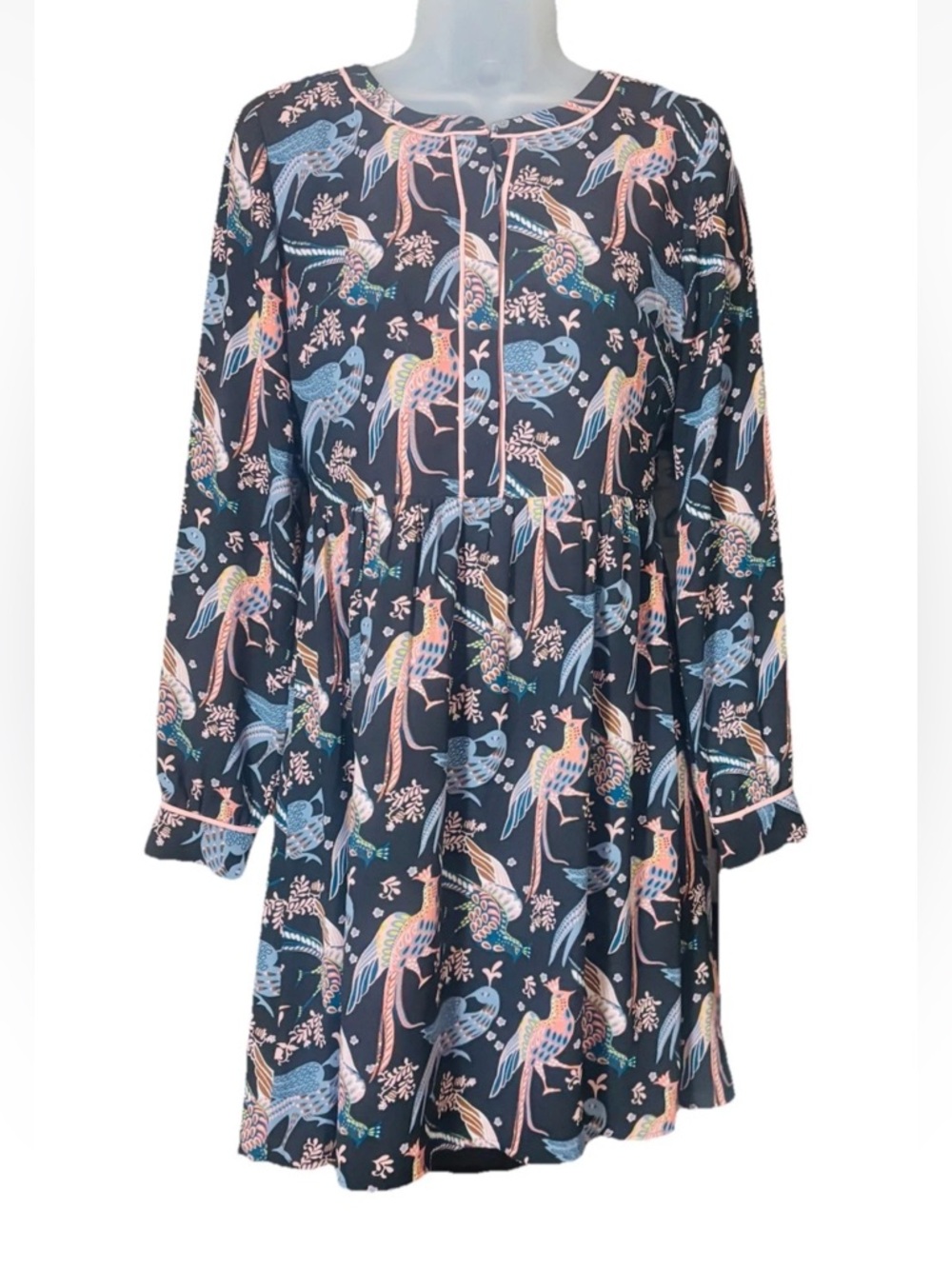 LOFT Women's Long Sleeve Navy Snowbird Peacock Birds Long Sleeve Dress Size 0